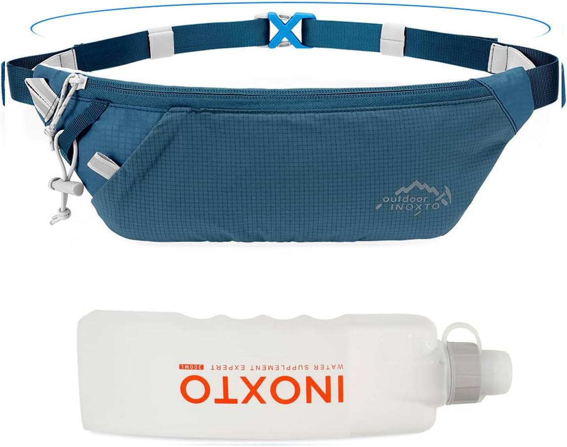 INOXTO Slim Running Belt Fanny Pack for Women and Men Sports Waist Bag Pack with 300ml Water Bottle for Running Walking Cycling Hiking Reflective Running Pouch Belt for All Phones, Dack Blue, Sport