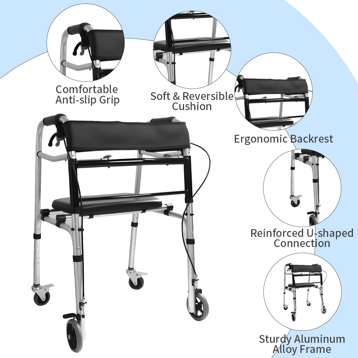 Pacha-steupra Lightweight Walkers for Seniors, Height Adjustable Standard Walker, Foldable Rolling Adult Walker, Medical Walking Mobility Aid with Wheels, Padded Seat, Supports 440 lbs