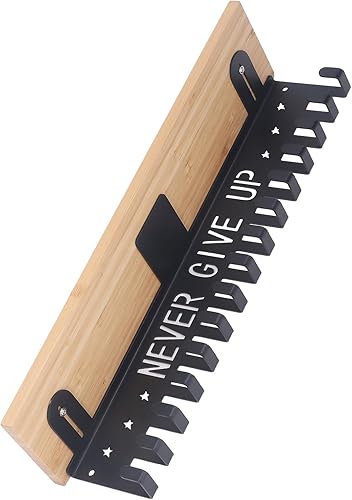 Miniatura 9 de ViaGasaFamido Estante de bambú resistente para almacenamiento de medallas y trofeos, 20 ganchos para cintas, deportes, gimnasia, fútbol, danza,