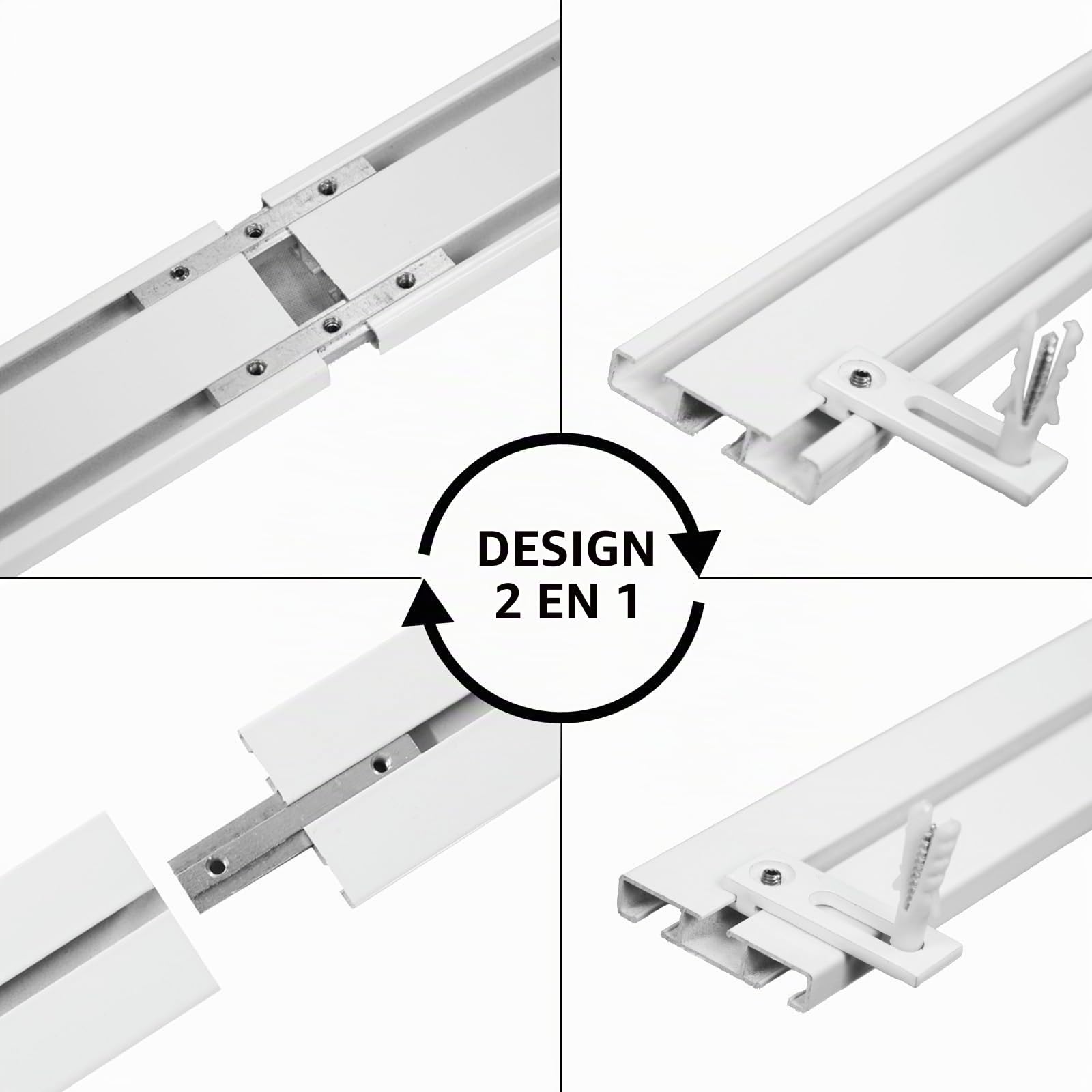 MDEKOR rail de rideau en aluminium 300 cm, 2-en-1 simple/double, montage au plafond, blanc, ensemble complet avec glissières, crochets et supports métalliques, silencieux