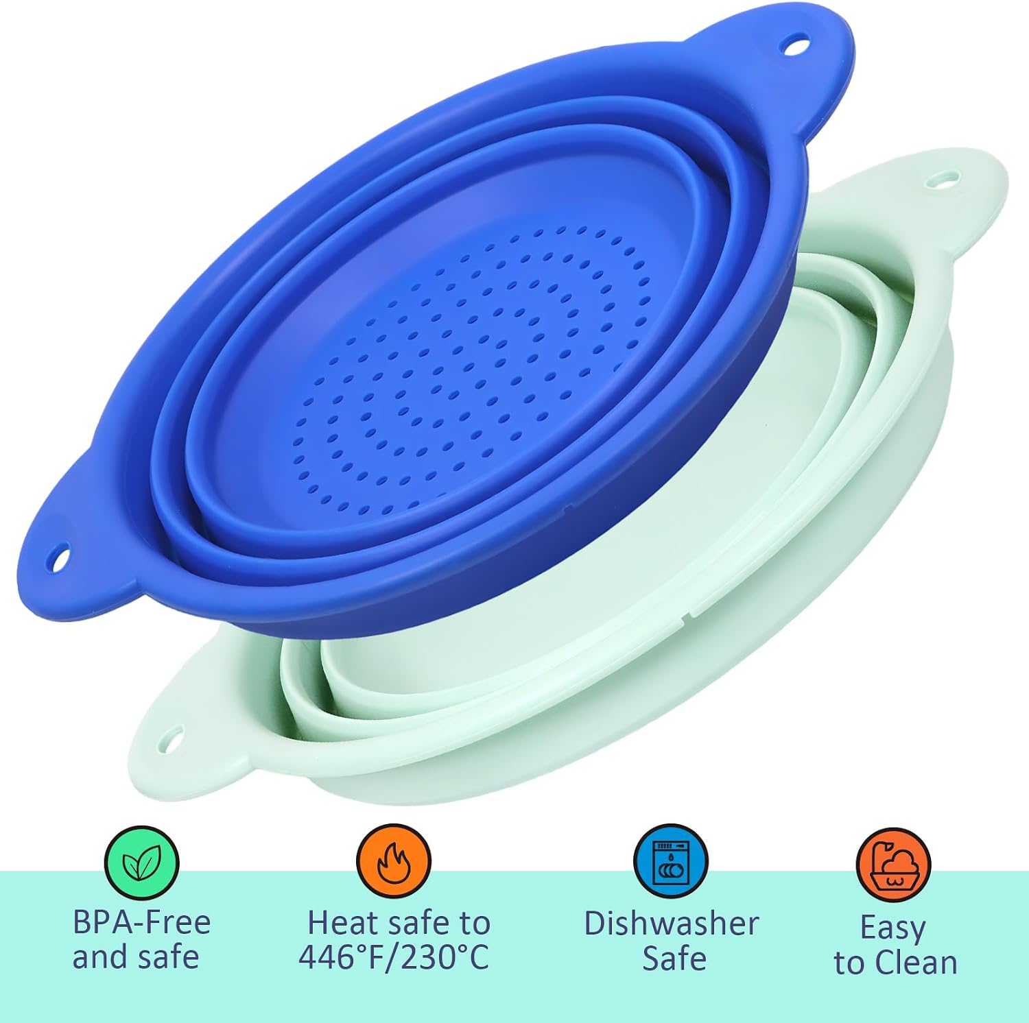 Collapsible Silicone Colander Wash Basin Set, Thickened Strainers bowls, for Kitchen, RV, Camping, Draining Pasta, Washing Fruit, Vegetable Storage(Blue+Green)