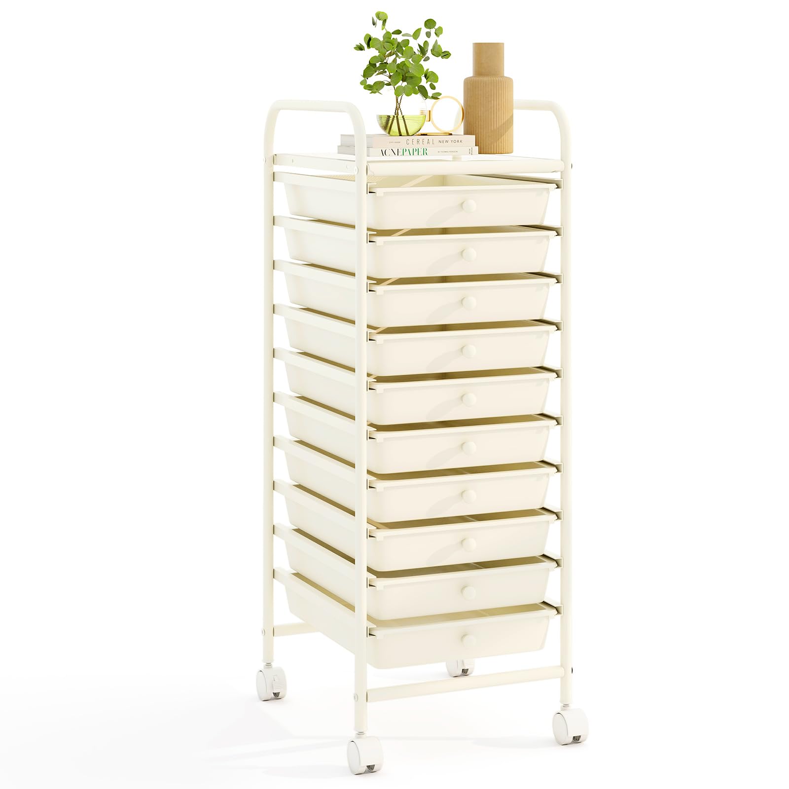 COSTWAY Estantería Baño, Carrito Auxiliar con Ruedas, Organizador Baño con Estructura de Metal, Carro Auxiliar con Cajones de Pástico Extraíbles, para Cocina, Baño, Oficina (10 Cajones, Blanco)
