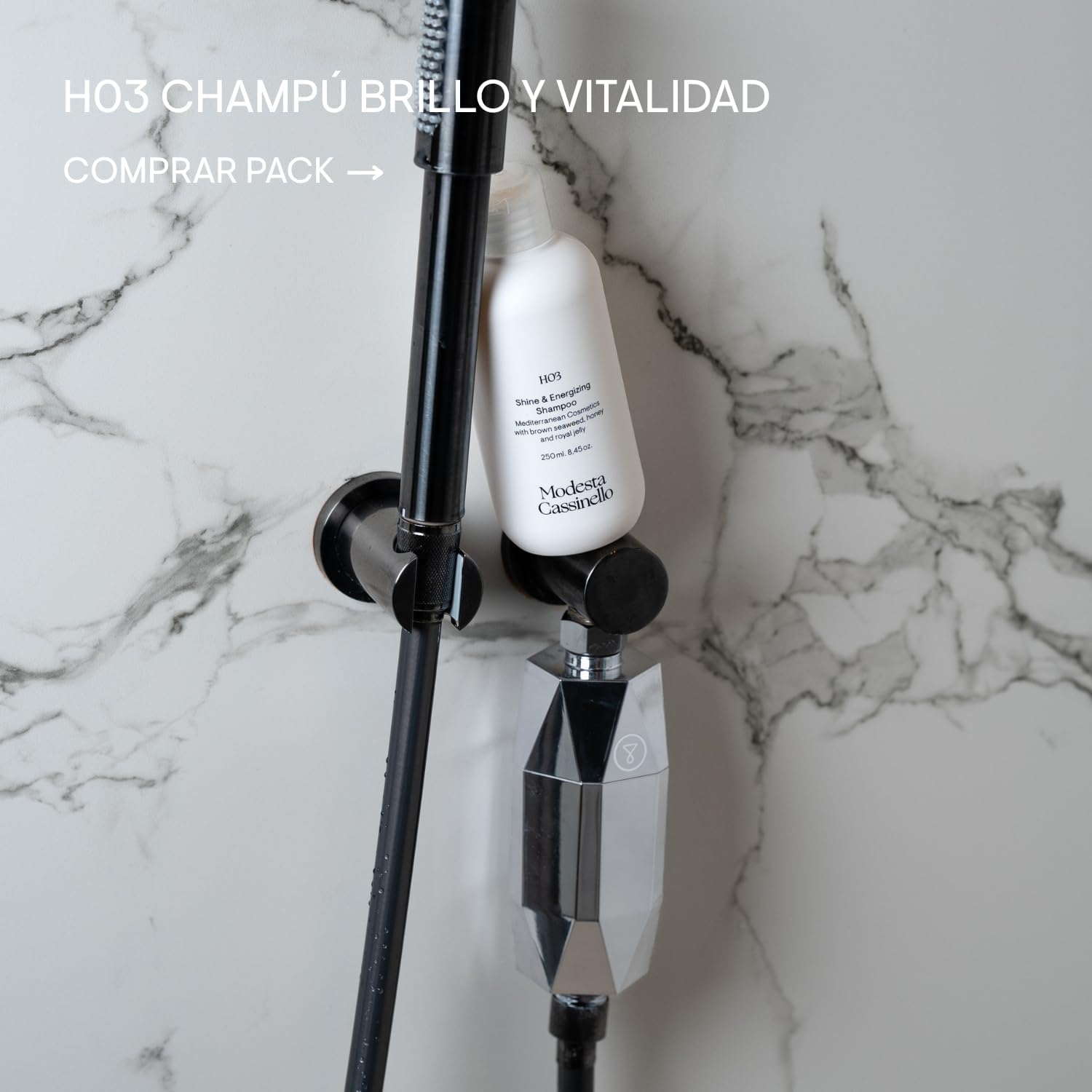 Modesta Cassinello - Pack H03 Champú Brillo y Vitalidad 250 ml + Filtro de Ducha ShowerPro Diamond - Cabello más brillante, hidratado y protegido - Filtro que Elimina más de 70 Contaminantes