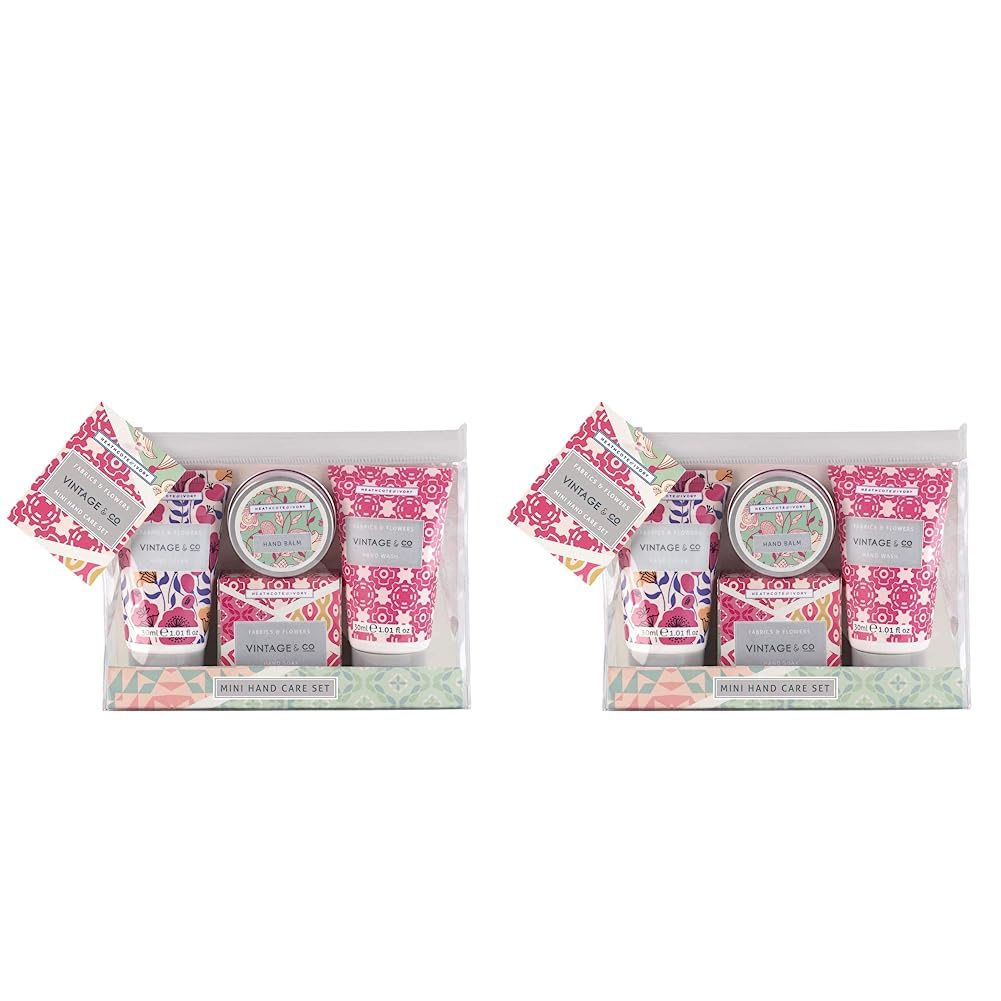 Vintage & Co Fabric & Flowers Hand Care Gift Set | 30ml Hand Cream, 30ml Hand Wash, 30g Hand Soak & 9g Hand Balm | Vegan Friendly | Travel Friendly Sizes (Pack of 2)