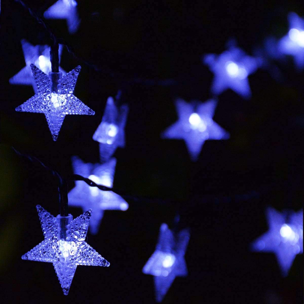 Guirnalda de luces de estrella, 5 m, 50 LED, para interiores, guirnalda de luces parpadeantes con batería (azul)