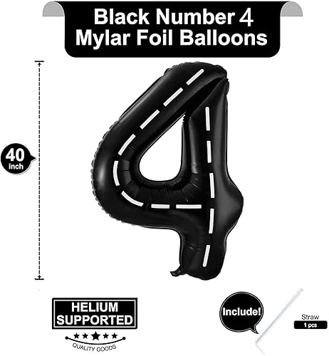 Miniatura 2 de Globos del número 4 de autos de carreras, 40 pulgadas, globos de cumpleaños de 40 pulgadas, dos globos rápidos de pista de carreras color negro,