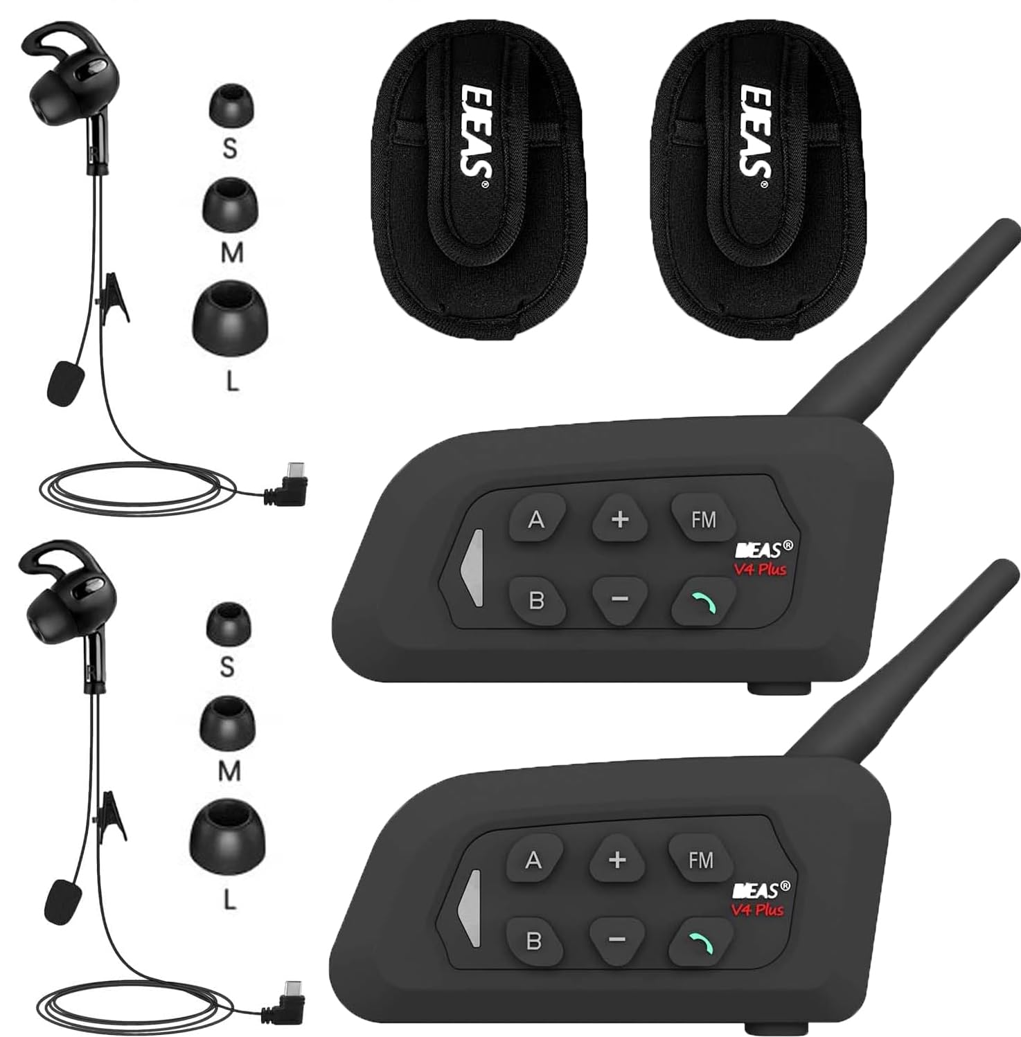 SolaMr V4C PLUS Interfono Arbitro, Bluetooth 5.1 Interphone per Orecchio Sinistro con Riduzione del Rumore CVC, Radio FM e Intercomunicazione a 4 vie per una Distanza di Fino a 1500 m - 2PACK