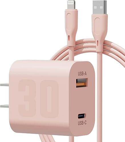 Cargador GaN de 30 W para iPhone [certificado Apple MFI], USB C de doble puerto de carga rápida, adaptador de corriente USB A a Lightning de 5 pies,