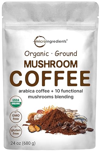 Micro Ingredients Café orgánico de hongos molidos 10 en 1, 24 onzas Café arábica prémium con melena de león, chaga, reishi y más tostado medio