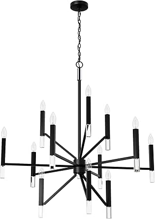 Hunter - Sunjai 12-Light Matte Black, Extra Large Chandelier, Dimmable, Formal Style, Candle Shaped, for Bedrooms, Kitchens, Dining, Living Rooms - 45230