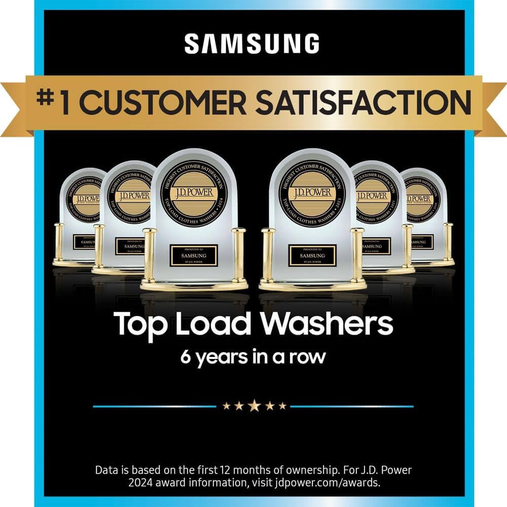 Samsung Smart 4.7 Cu Ft Top Load Washer & 7.4 Cu Ft Electric Dryer, Sensor Stops Overdrying, Low Vibration Quiet Wash, WaterJet w/Power Cords, Hoses, Vent Duct, 1 Year CPS Protection Bundle (Black)