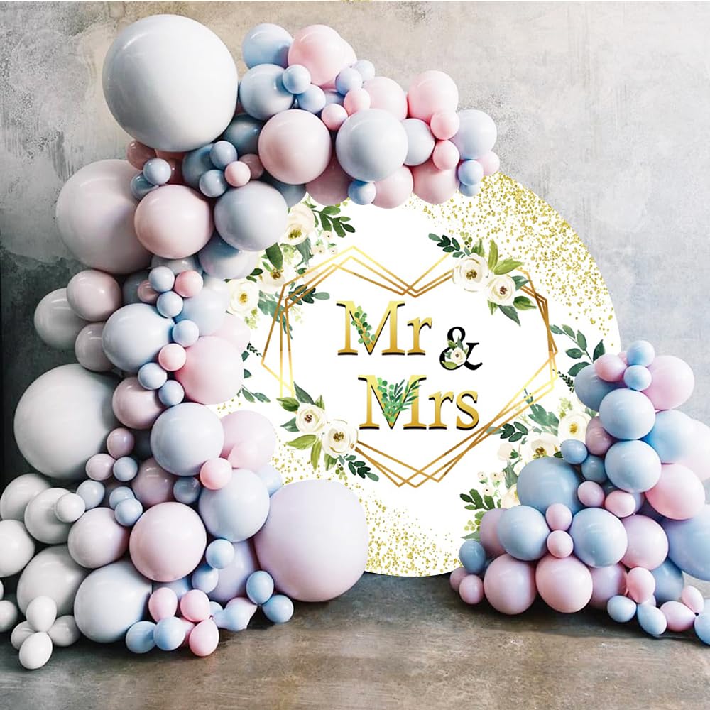 Leyiyi Mr & Mrs runder Hintergrund aus Polyester, 2,3 x 2,3 m, weiße Rose, Blumen, grüne Blätter, Glitzer, goldene Punkte, Verlobung, Zeremonie, Fotografie, Hintergrund, Hochzeit, Brautparty