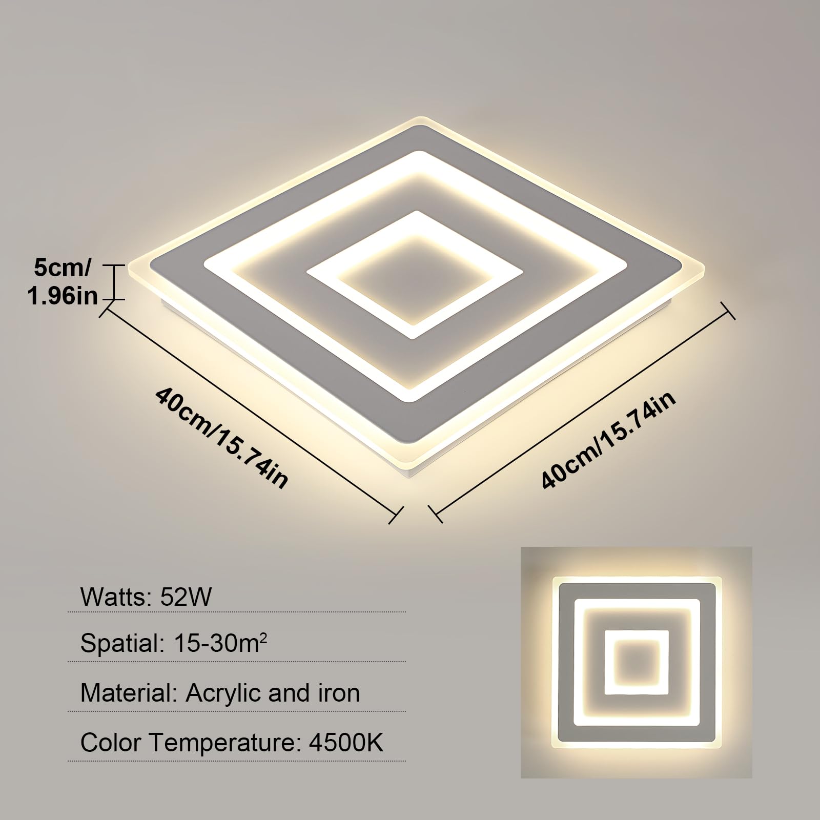Comely – Plafoniera LED da soffitto quadrata moderna, 52W. Lampada LED bianca per diversi ambienti come camera da letto e soggiorno. Luce naturale 4500K. Lato: 40cm.