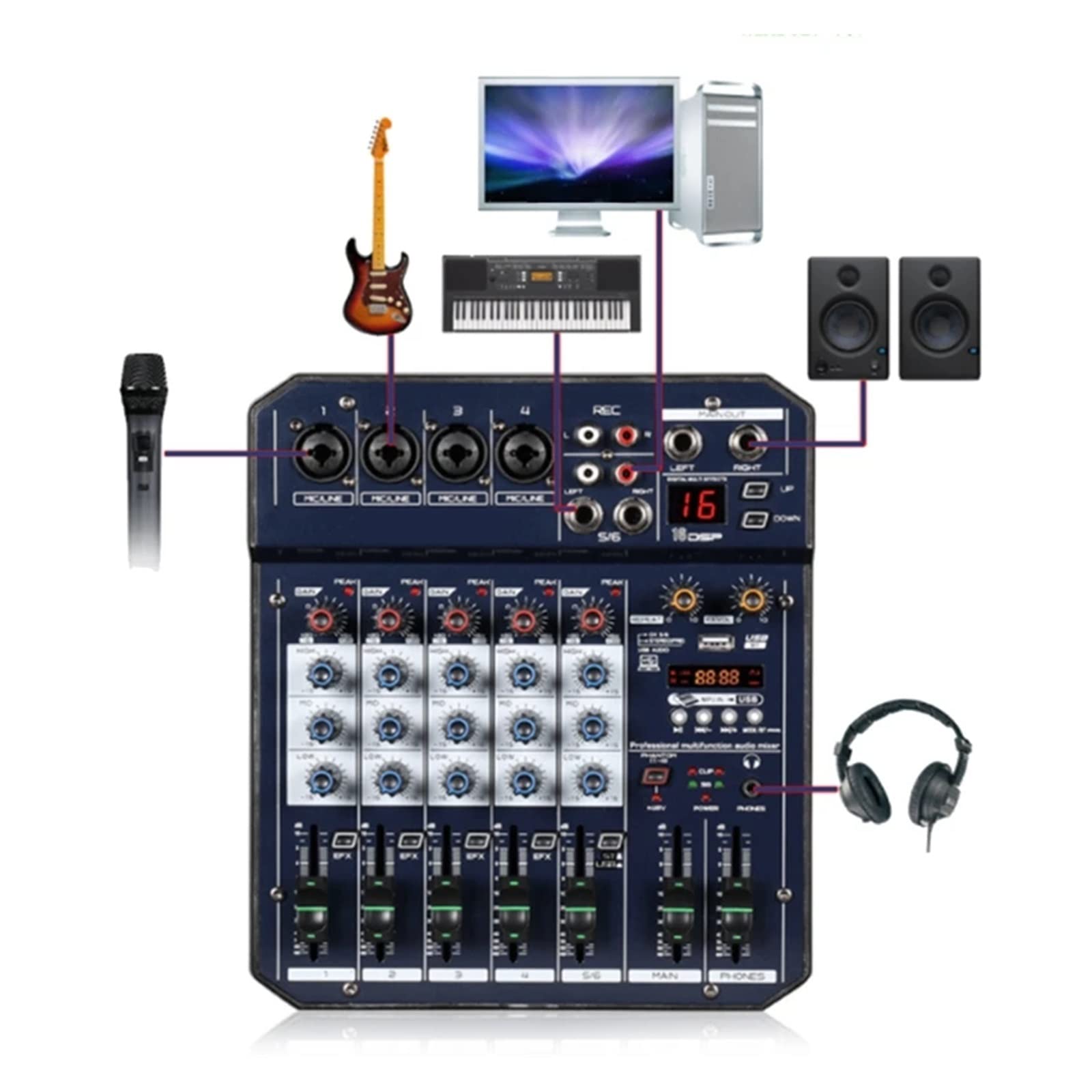 DJ-Audiomixer T4 Tragbare Soundkarte Mischpult Mischpult Eingebaute 48-V-Phantomspeisung Unterstützt MP3-Player BT DJ Live-Party-Mixer(T6)