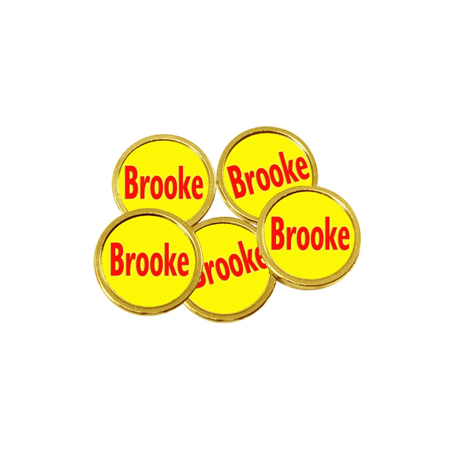 Personalised Flat Golf Ball Markers (Gold Coloured, Red on Yellow)