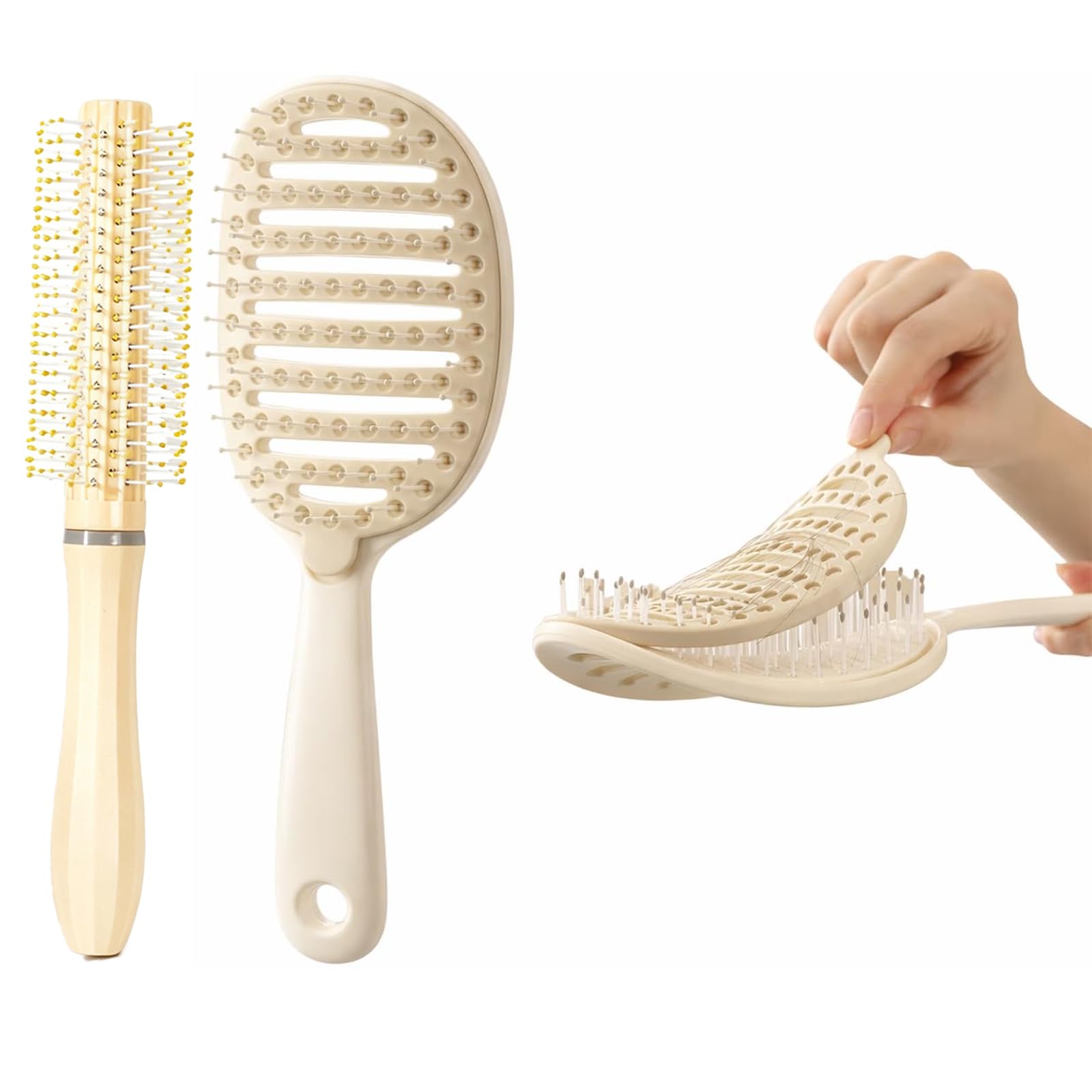 Detangling Hair Brush, 2 Piece Hair Styling Kit with Cushion Comb and Curling Brush, Quick Hair Removal Design in Cream and Caramel Colors, Professional Detangling and Styling Tool for Daily Hair Care-image-19