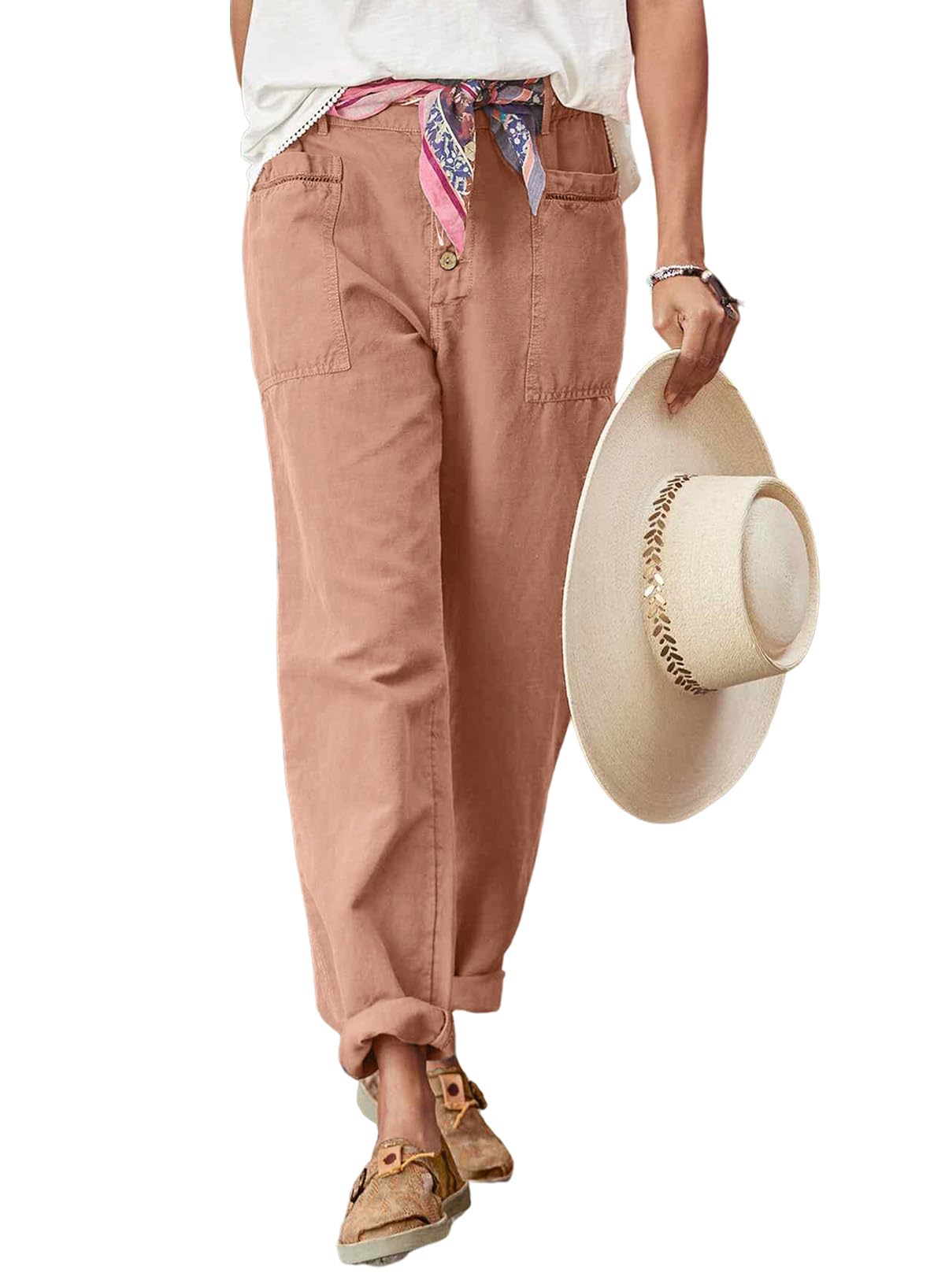 EVALESS Casual Pants for Women Trendy Elastic High Waisted Button Down Pants Straight Leg Loose Cotton Trousers with