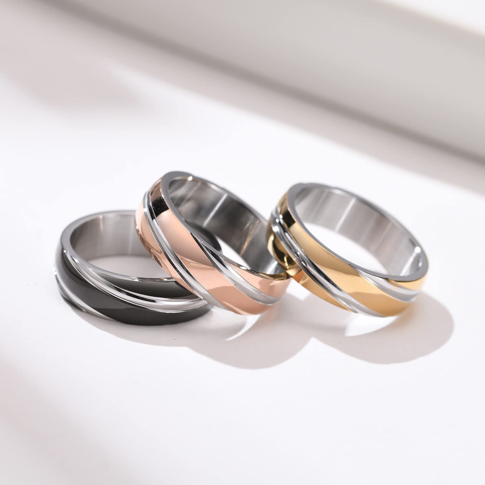 Anillo de Acero Inoxidable, Anillos para Mujer y Hombre, Sarga Pulida de 0.236 in, Ajuste cómodo, tamaño J 1/2-Z, Negro/Rosa
