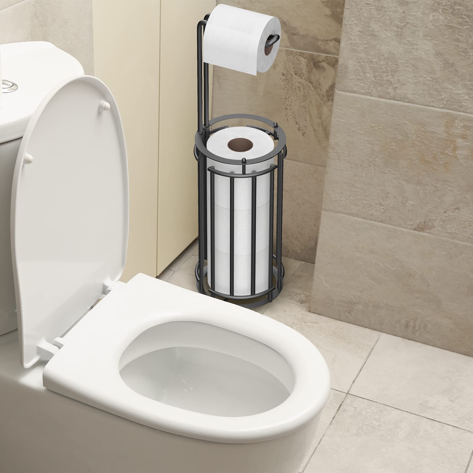 Meangood Supporto porta carta igienica e dispenser per rotoli di carta igienica per 4 rotoli mega, supporto per rotolo di carta igienica autoportante da bagno, rimovibile (nero)