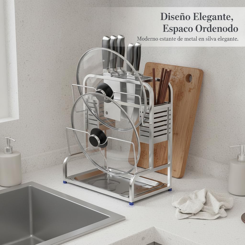 Rastrelliera da Cucina in Acciaio 304 , Portacoperchi+portacoltelli+4 ganci