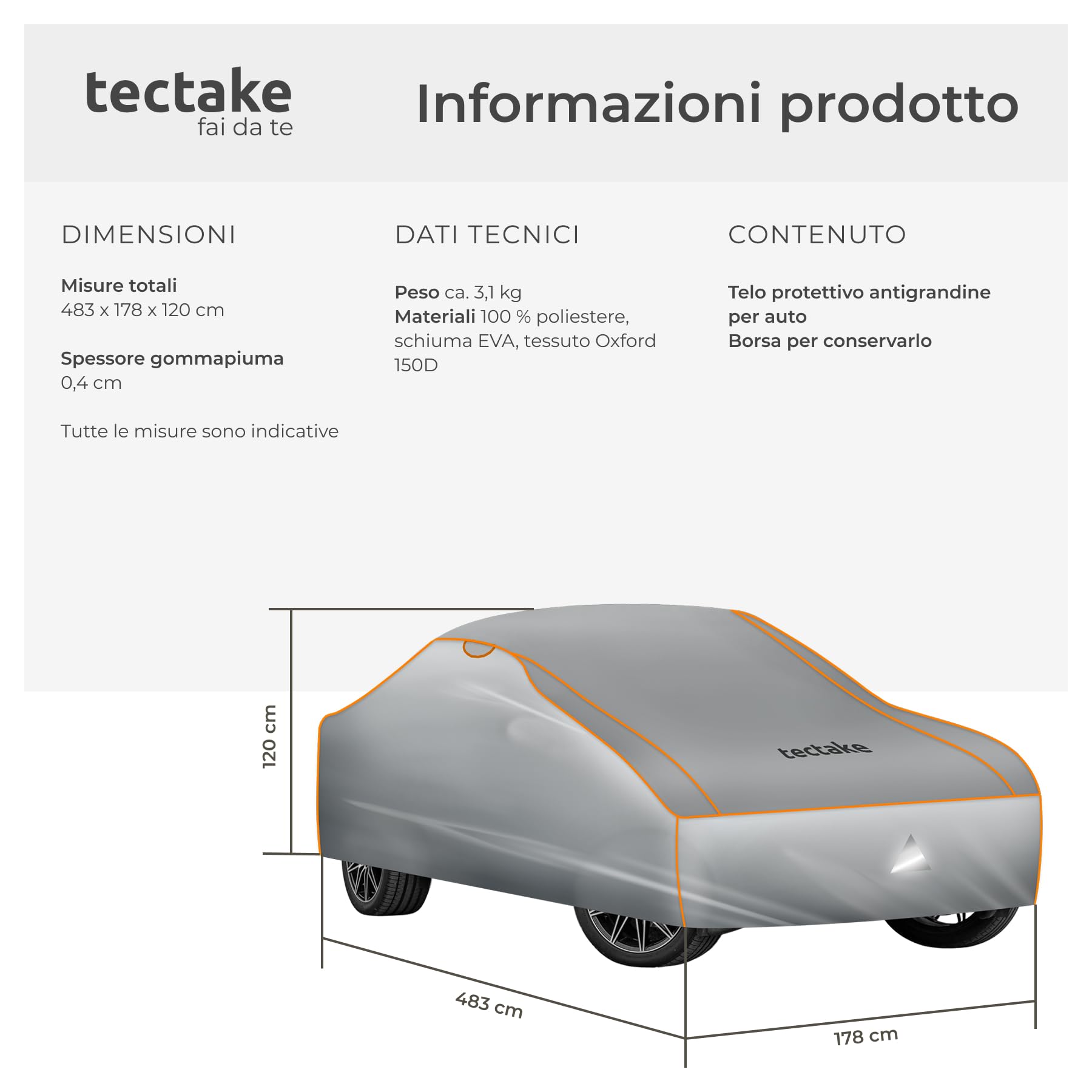 Copriauto Antigrandine Impermeabile Strato Gommapiuma 4 mm 3 Cinghie Tensione Regolabili L (483x178x120 cm)