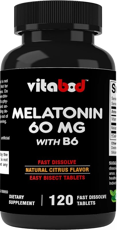 Vitabod Melatonina 60 mg con Vitamina B6 - 120 Tabletas de Rápida Disolución | Apoyo extrafuerte para dormir – Sin drogas – Sabor cítrico natural – Vegetariano, sin OGM, sin gluten, fabricado en EE. UU.
