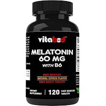 Vitabod Melatonin 60 mg with Vitamin B6 120 Fast Dissolve Tablets Extra-Strength Sleep Support Drug-Free Natural Citrus Flavor Vegetarian, Non-GMO, Gluten-Free