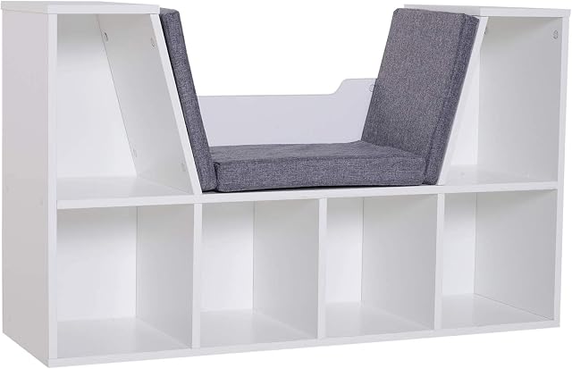 HOMCOM Bookcase Storage Shelf with Cushioned Reading Seat, Cube Bookshelf Organizer for Bedroom Living Room, White
