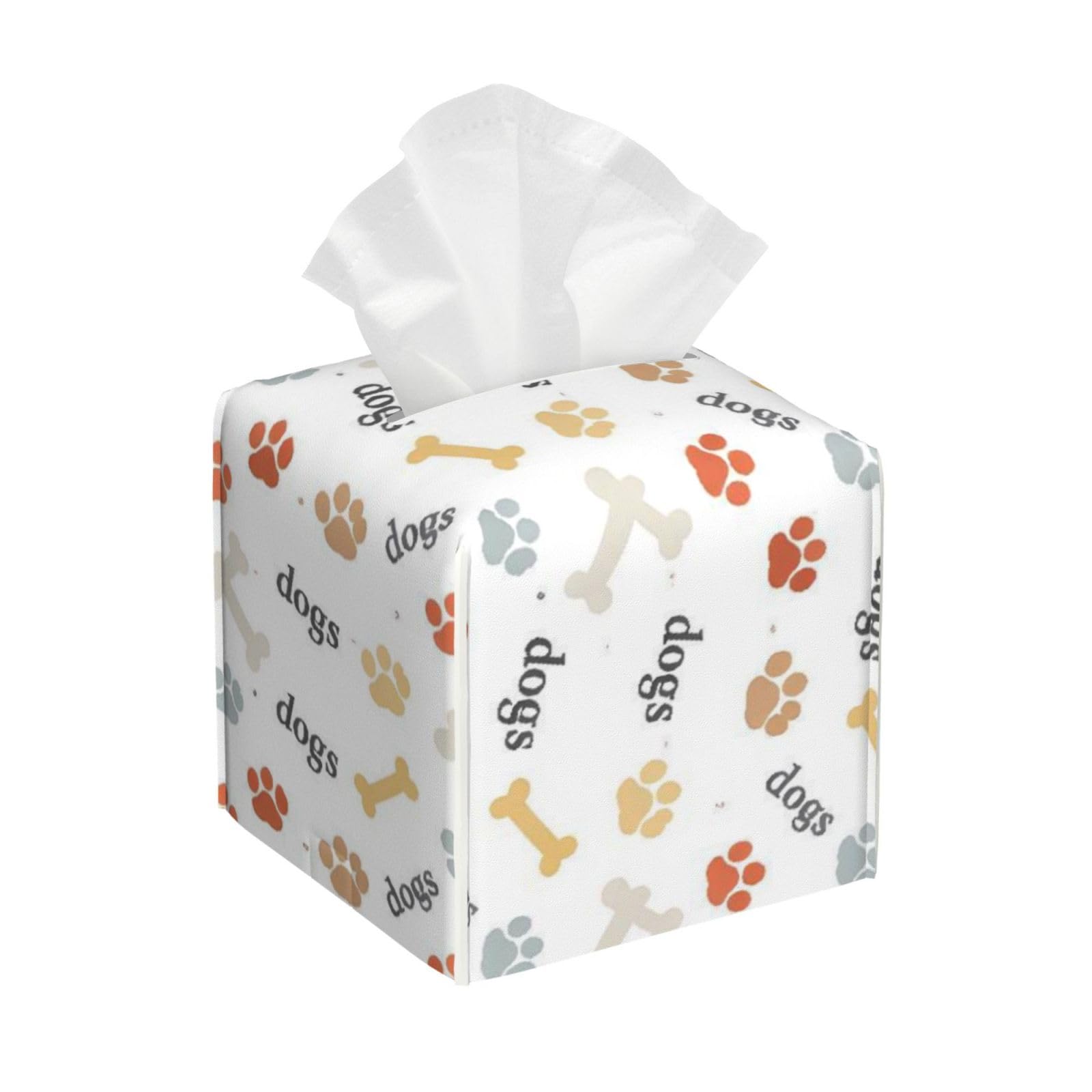 Dog Paw Bones Print Leather Tissue Box Cover Holder Square Facial Paper Organizer 5.2" X 5.2" X 5.2"