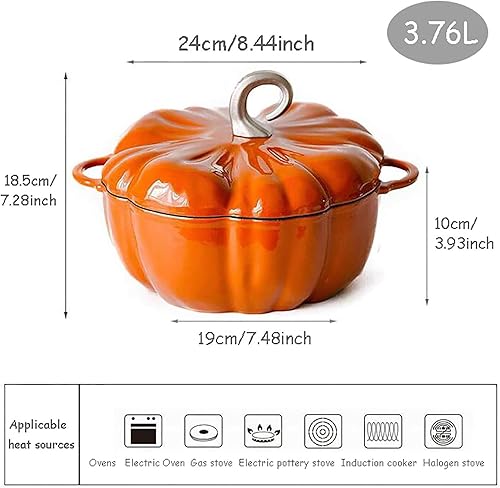 Miniatura 7 de Cocotte de calabaza de 4 cuartos de galón, horno holandés de hierro fundido de calabaza, olla de cocina con forma de calabaza de 3.7 l, olla de