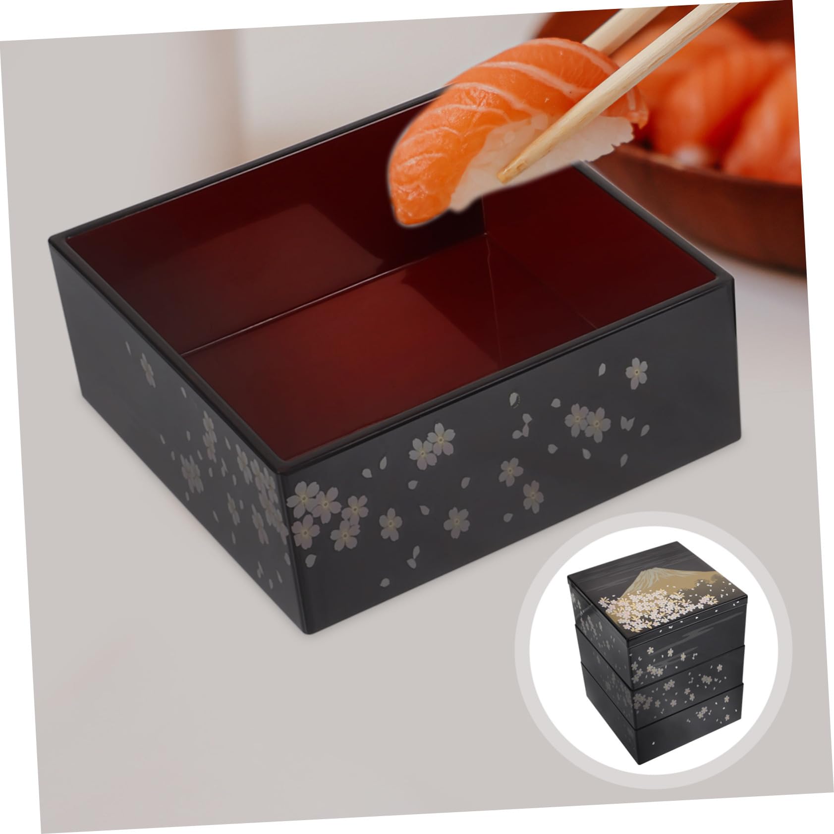 Boîte à Bento Japonaise Traditionnelle 3 Niveaux, Motif Mont Fuji, Plastique Noir, Réutilisable, pour Sushi et Desserts, Usage à Domicile