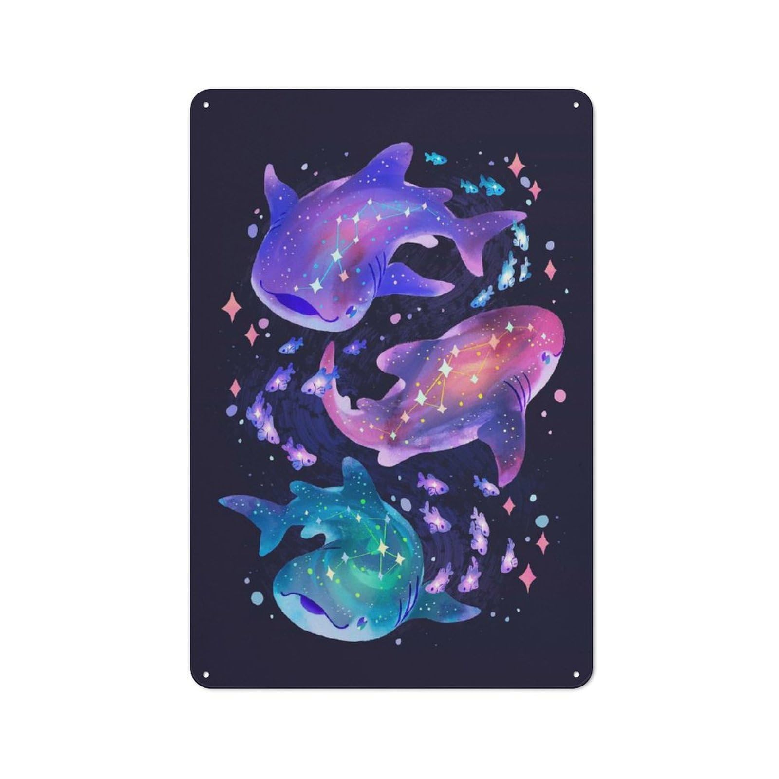 Cosmic Whale Sharks Friendly Metal Wall Decor 30x20cm, Decorative Metal Plaque for Tea Room, Shop Wall Or Breakfast Area