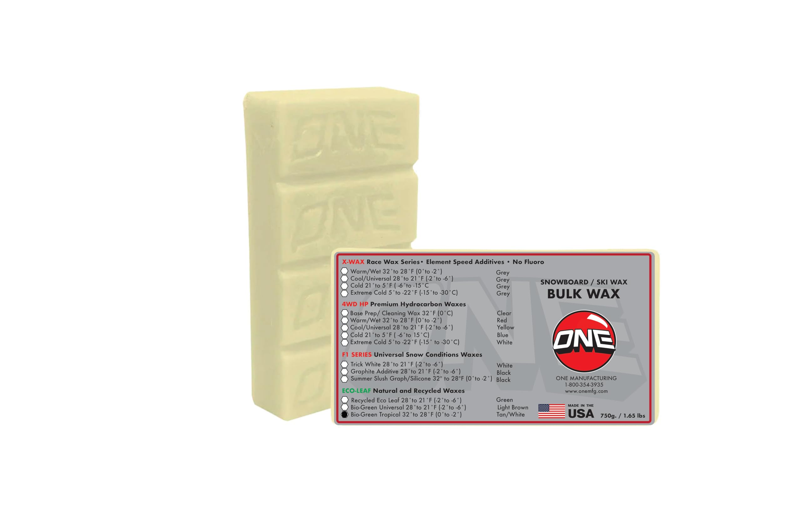 One Mfg Eco Leaf Natural Warm Temperature Snowboard & Ski Wax 750g (1.65lb) Big Brick - Bulk Sized Hot Wax - Plant Based waxes and Oils. Naturally Fast