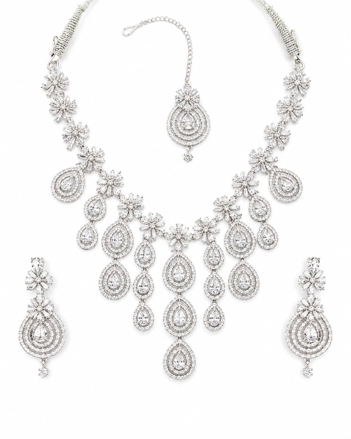 Silver-Toned Bridal Jewellery Set for Women with Cubic Zirconia Stones | Wedding Necklace Set with Earrings & Maang Tikka | Indian Wedding, Engagement & Festive Traditional Jewelry Set |-image-24