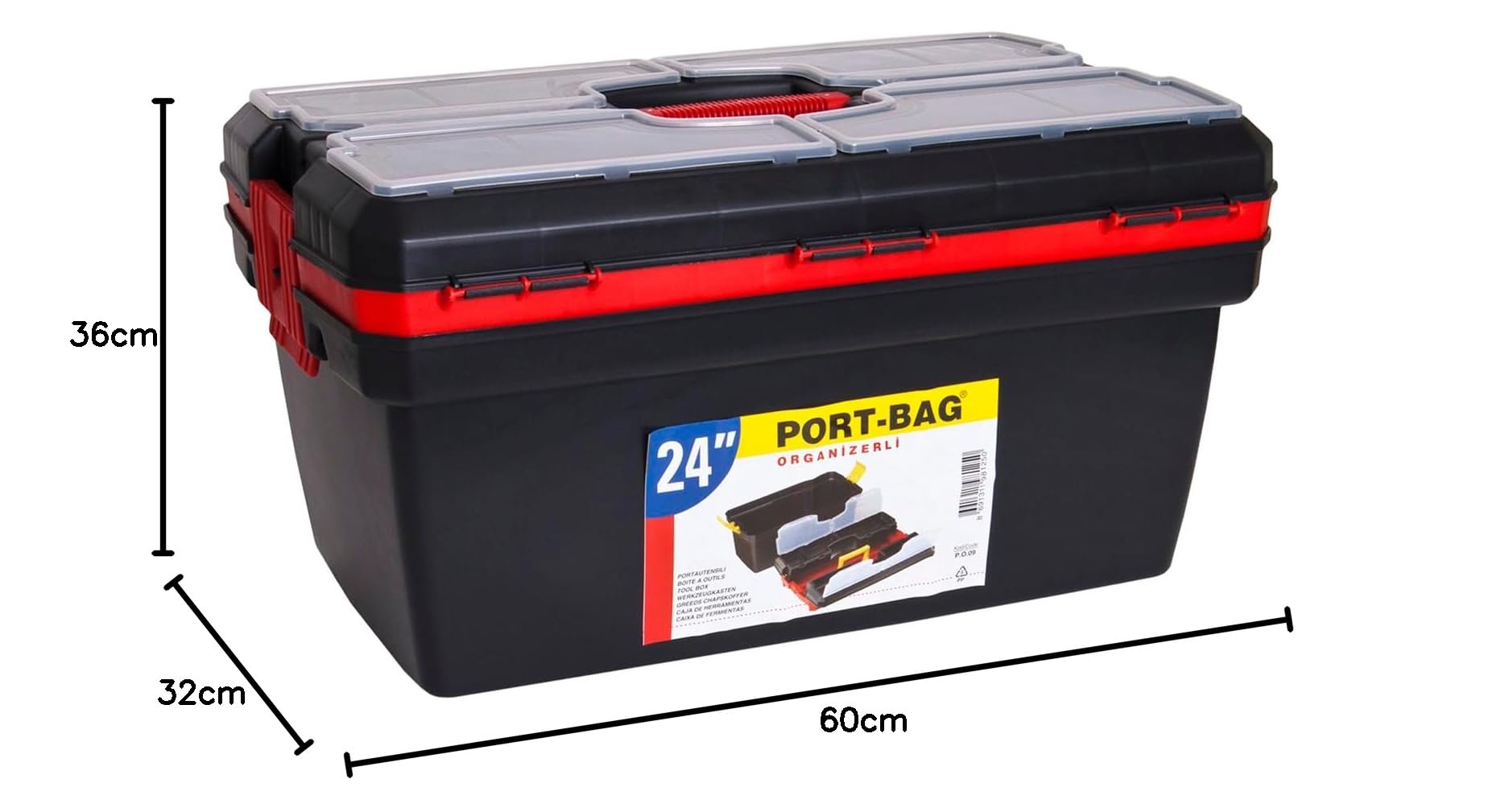 Caja de herramientas grande 60 cm 24" plástico con tapa extraíble bandeja y 8 compartimentos organizadores
