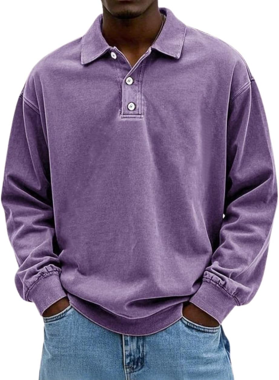 HOTYD Men's Washed Vintage Polo Shirts Button Long Sleeve Lapel Collared Shirt Loose Fit Casual Fashion Shirts Golf Gym Tops