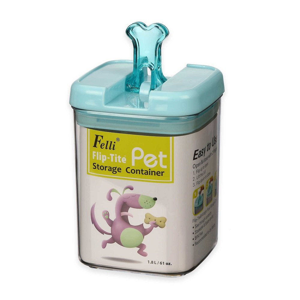 Medium 7"H Flip-Tite Bone Square Pet Food Storage Canister in Clear/Blue