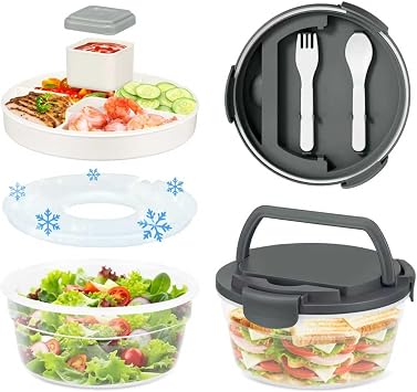 Salad Container for Lunch, Bento Lunch Box 58-oz with 4 Compartments Tray and Ice Pack, Leak-Proof Salad Bowl with Lid for Adults, BPA-Free Lunch Box for Meal Prep & Food StorageGrey