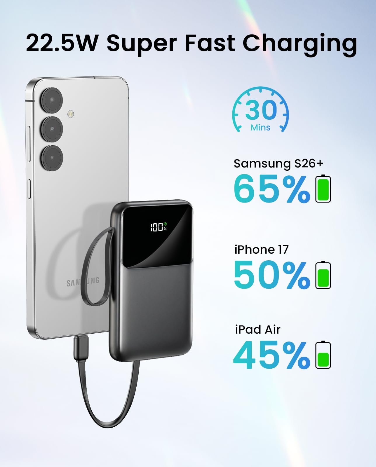 Amazon.com: Power Bank, 15000mAh Portable Charger with Built in Cable,  22.5W Fast Charging, 6 Outputs, Slim Travel Essential Battery Pack with LED  Display, Compatible with iPhone 17/16/15/14/13, iPad Black : Cell Phones