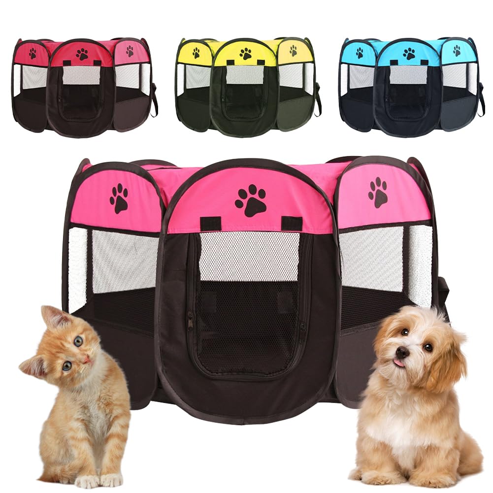 Parque para cachorros plegable para perros, de tela Oxford, impermeable, para perros, conejos, cobayas, gatos, para interior o exterior, color rosa y negro