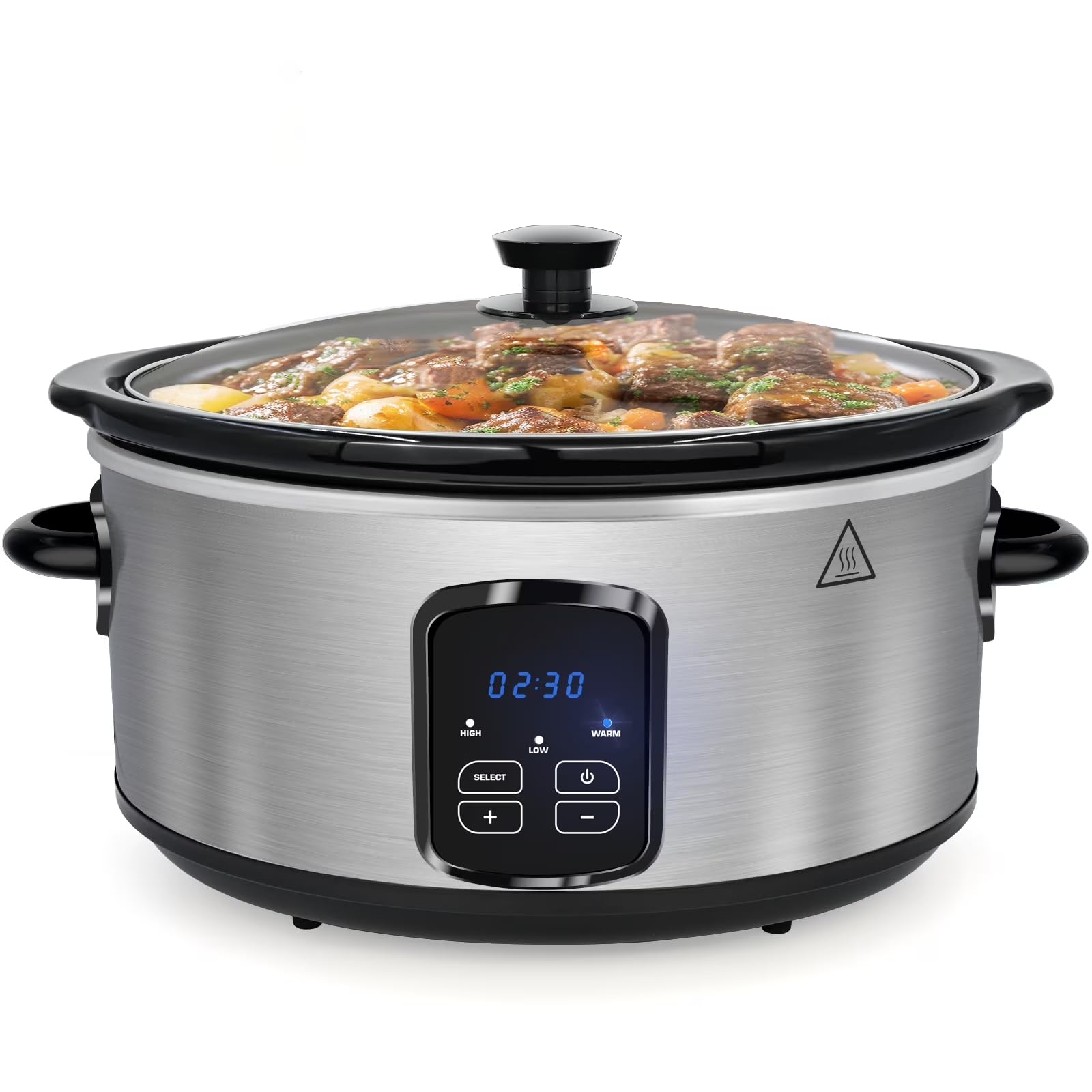 6QT Slow Cooker Stoneware Crock with Removable Pot 3 Heat Settings Non-Stick Auto Keep Warm Stainless Steel