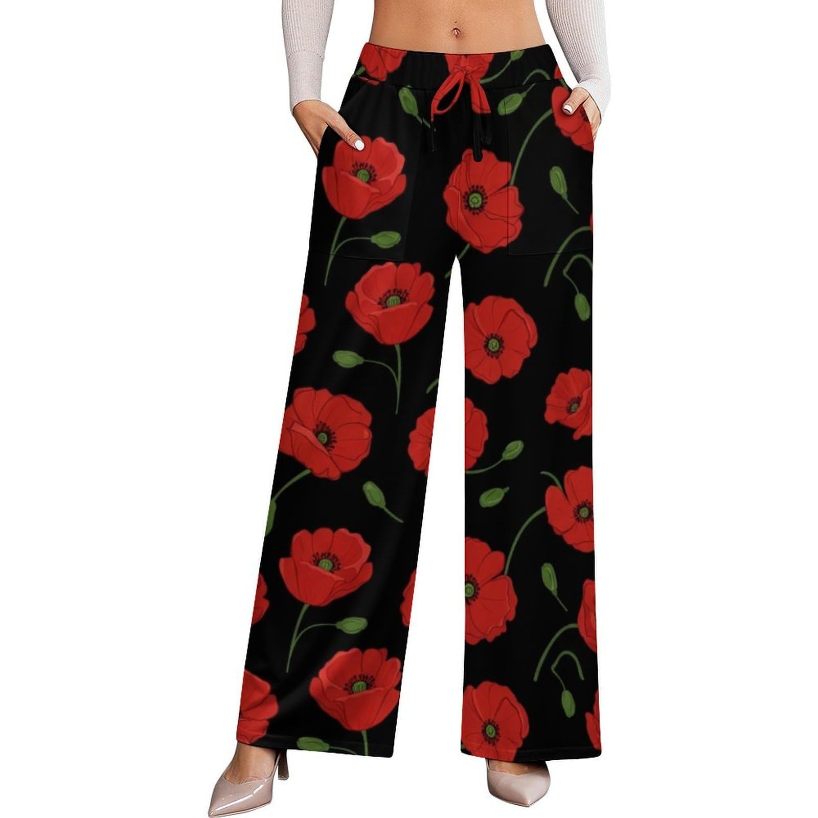 Womens Pants Elastic High Waisted Purple Blue Hydrangea Floral Palazzo Casual Wide Leg Dress Pants for Women