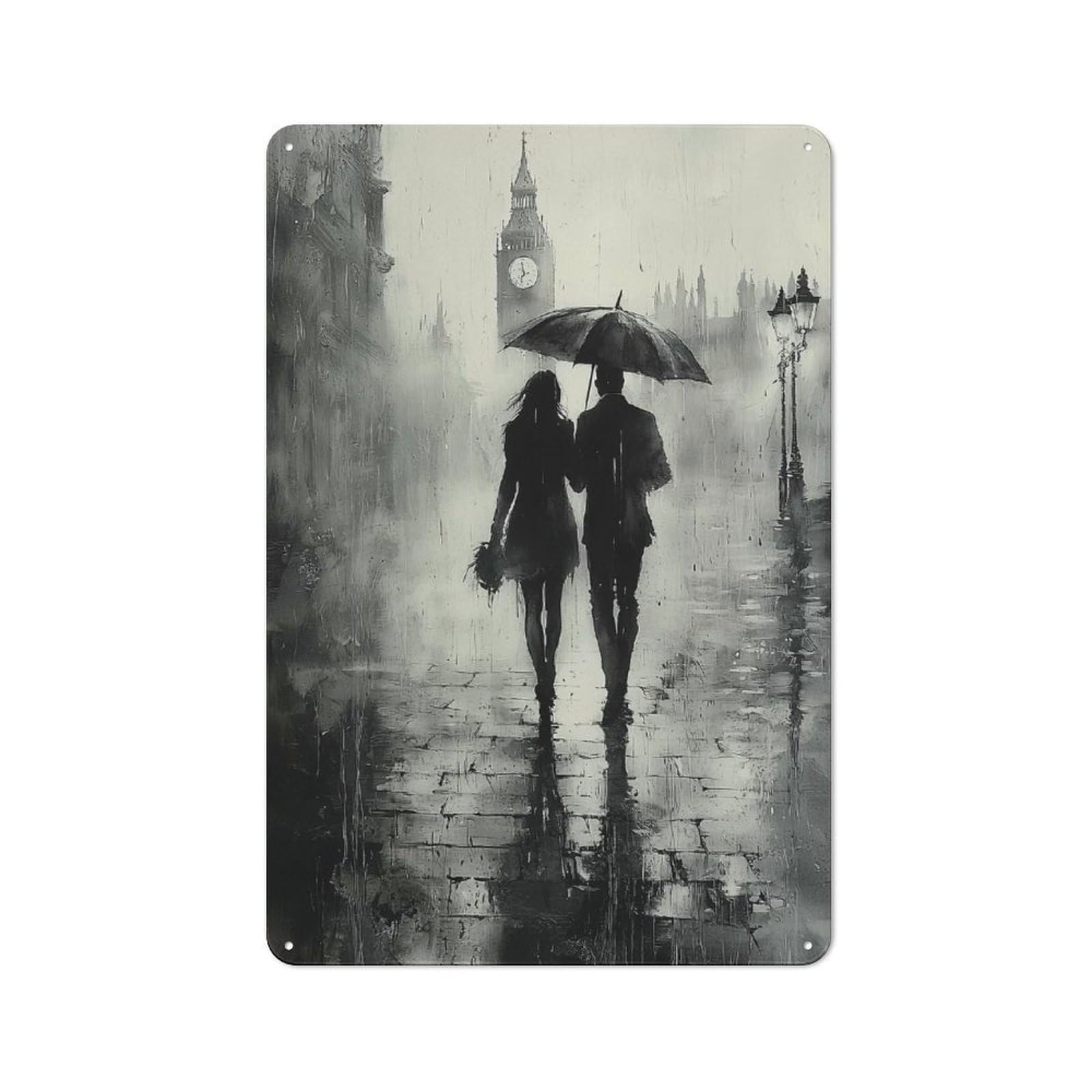 Junmoney Romantic Rainy Walk In London - Charcoal Styl For Café Or Restaurant, E Rustic Metal Plaque 30X20cm, For Hospitality Interior Collectors Refreshing A Room In Autumn