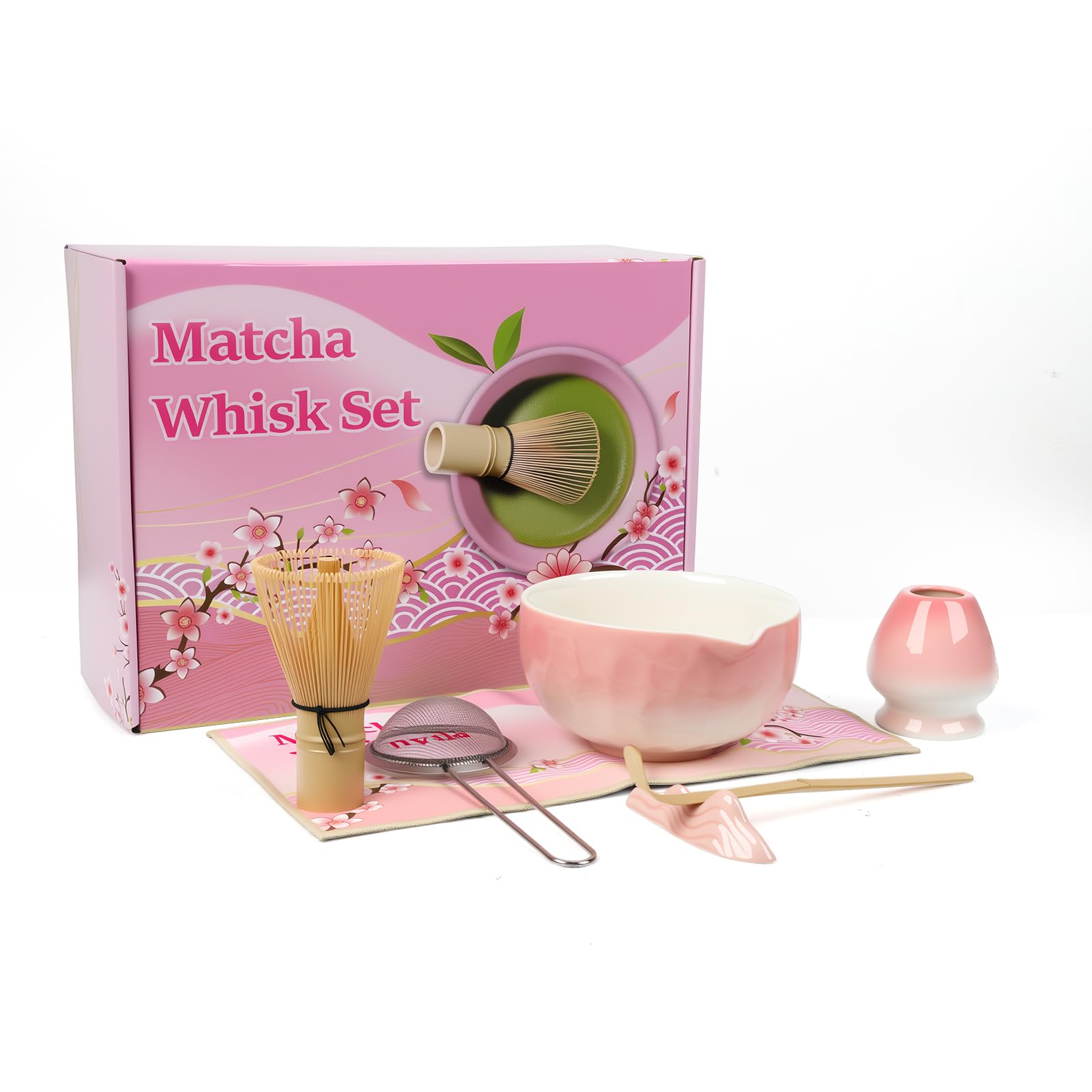 7 Pcs Matcha Set, Pink Matcha Tea Set with Whisk and Bowl,Matcha Spoon, Whisk Holder, Reusable Matcha Making Kit for Tea Drinking Gift for Friend Family,Classic Green Matcha Making kit (B)