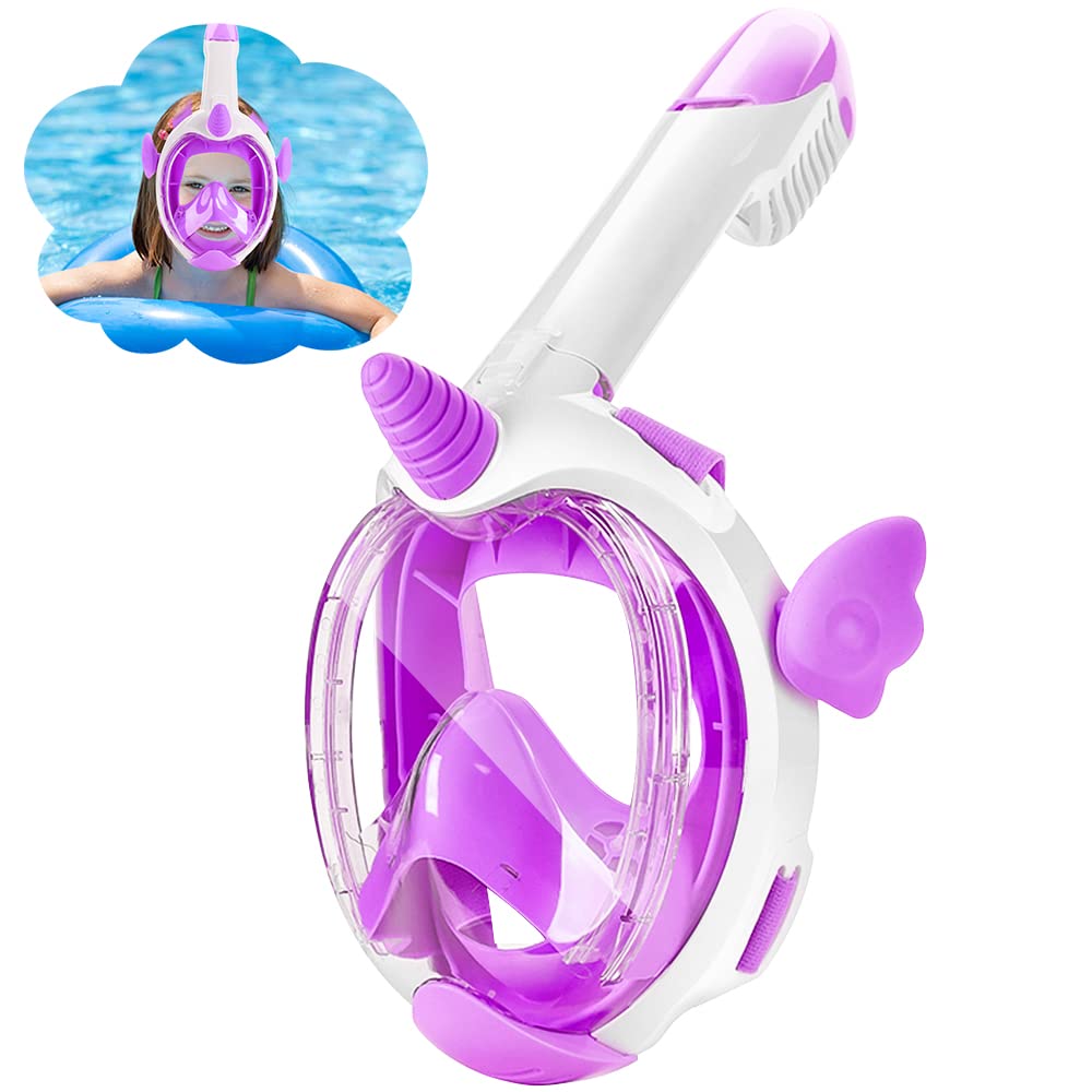 Máscara de esnórquel de unicornio para niños de 4 a 12 años, 180° HD, antivaho y antifugas, gafas de buceo para niños con esnórquel, máscara de esnorquel segura de CO2 (morado)