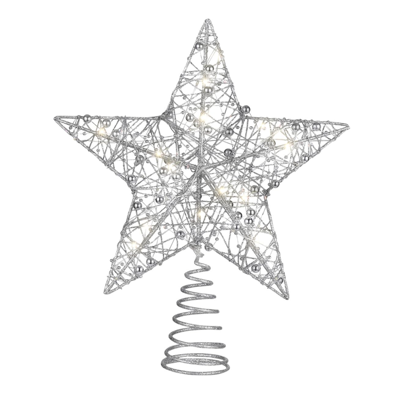 Veemoon Puntale Albero di Natale a Forma di Stella 20 Luci Led, Base in Ferro Argento, Alimentato a Batteria, per Decorazione Casa e Festa Atmosfera Calda e Romantica