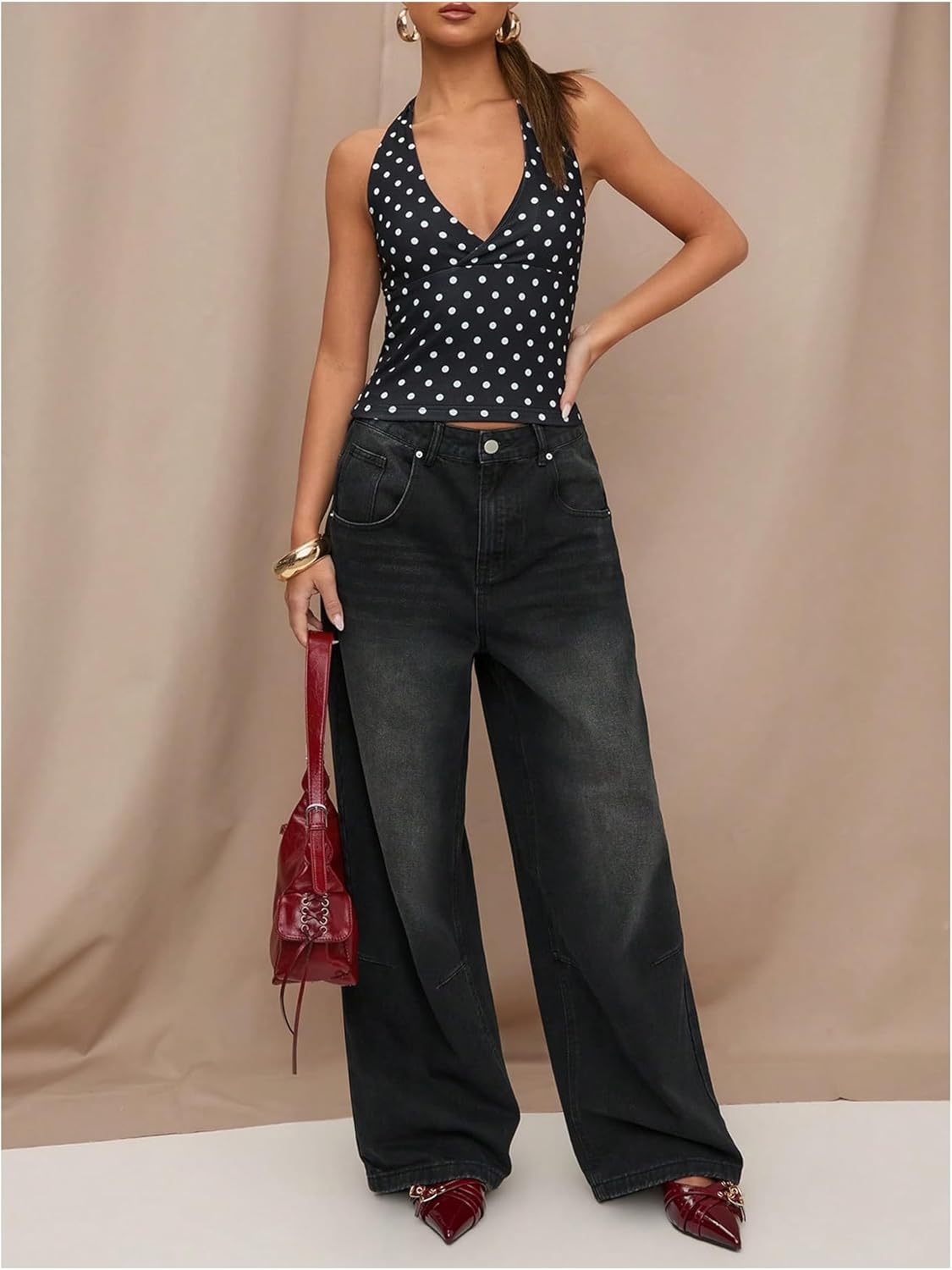 SweatyRocks Women's Polka Dots Print Halter Tops Going Out Backless Deep V Neck Summer Top - Image 5