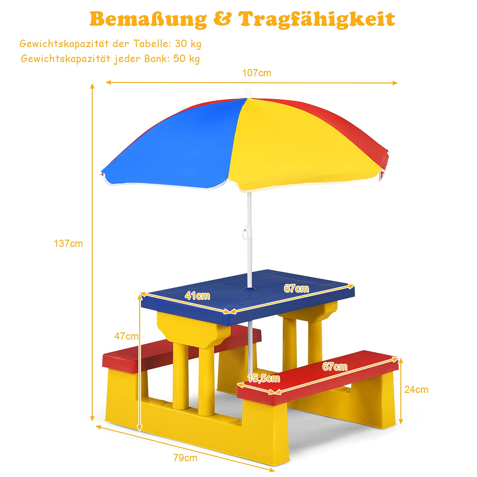 DREAMADE Kindersitzgruppe mit Sonnenschirm, Gartenmöbel für Kinder, Sitzgarnitur, Möbel Set Garten, Sitzbank draußen (Blau+Rot+Gelb)