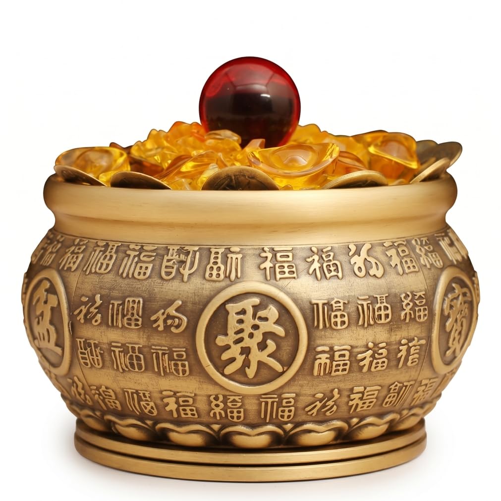 Tsawntd Figurines, Money Bowl with Yuan Bao, Brass Feng Shui Decor For Wealth & Prosperity, Chinese Decorations, Gold, 3.74" Mouth Diameter