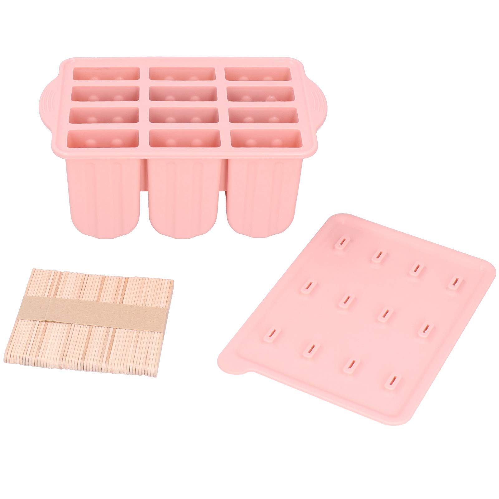 Moule à Glace en Silicone 12 Alvéoles avec Couvercle et 50 Bâtonnets, Moule Alimentaire pour Sorbets Maison, Yaourt, Jus ou Pudding, Accessoire de Cuisine Réfrigérable (Rose +50 bâtonnets de glace)